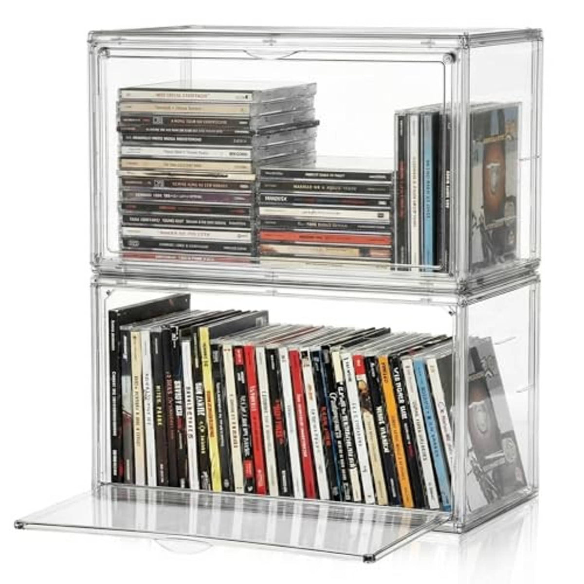 Clear plastic stackable DVD/CD storage box, open front with CDs and DVDs stored.
