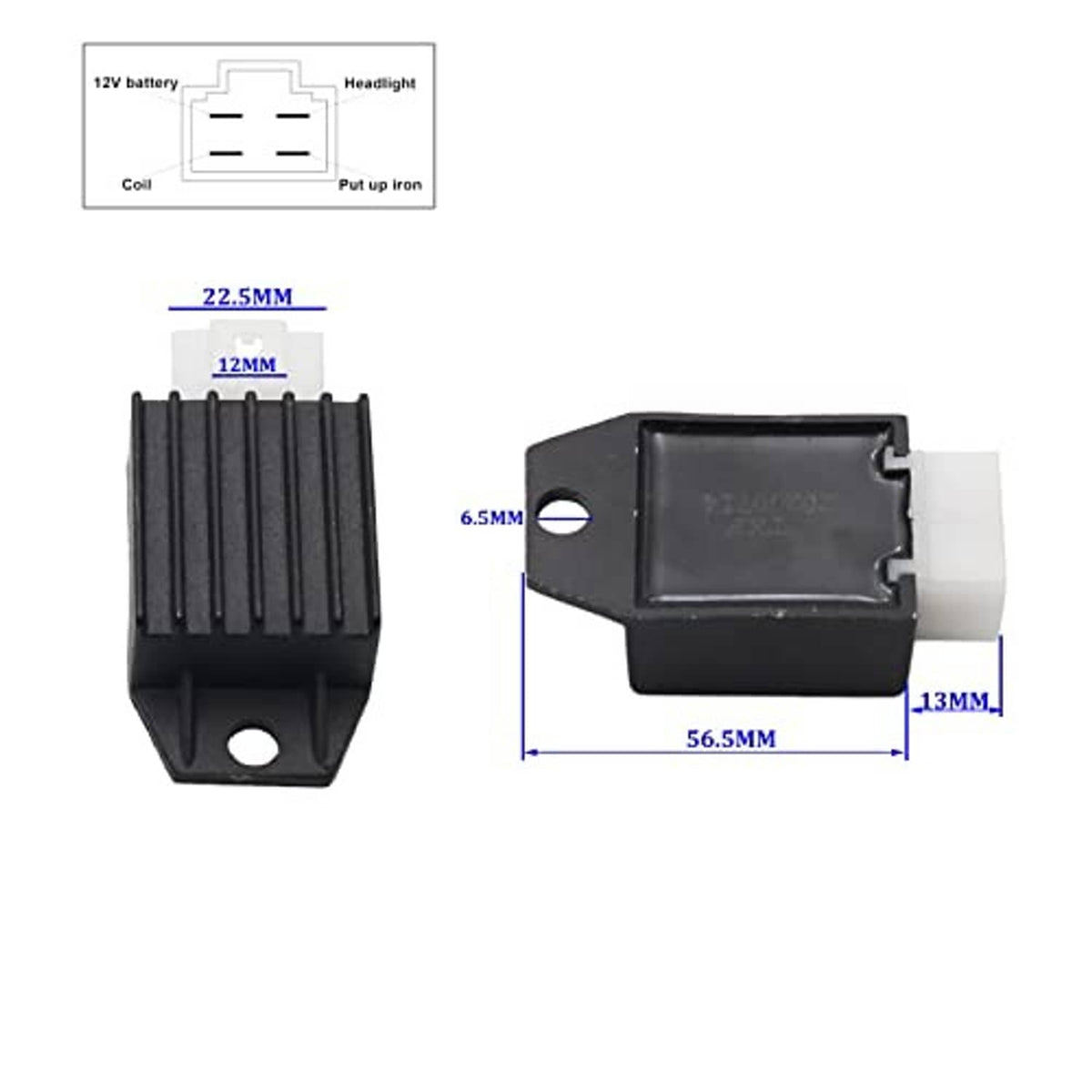 Black voltage rectifier regulator with heatsink fins and side mounting hole