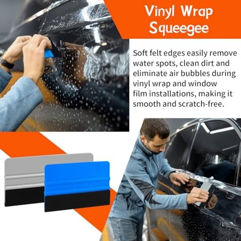 Vinyl wrap squeegee tools with soft felt edges for removing bubbles and smoothing film