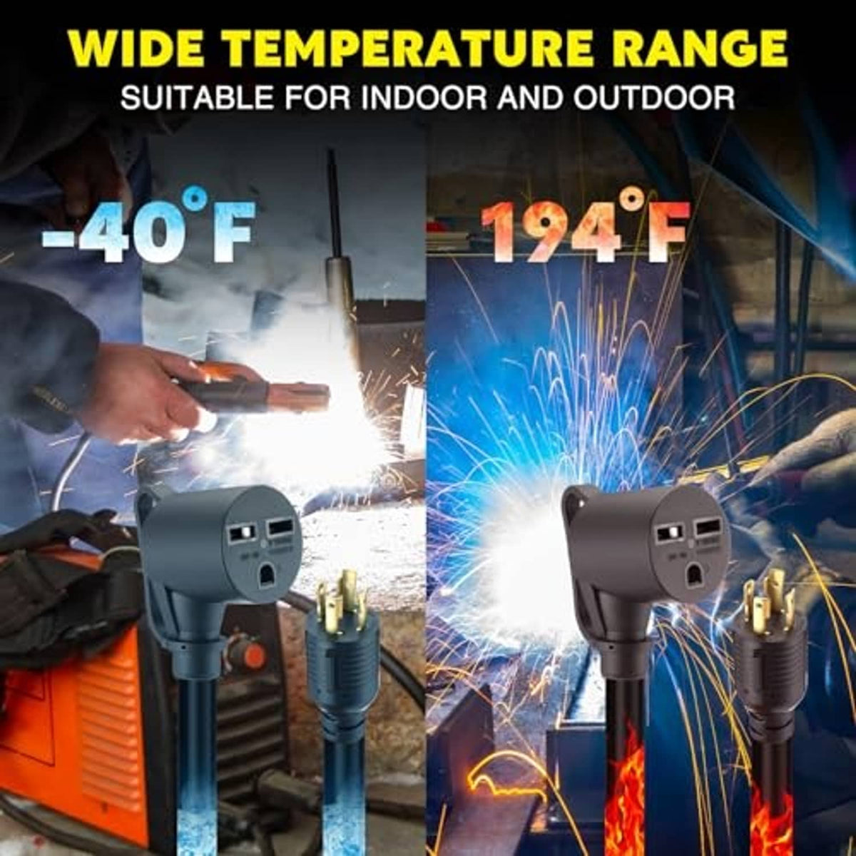 Welder adapter cord for indoor and outdoor use, showing black connector and yellow cable