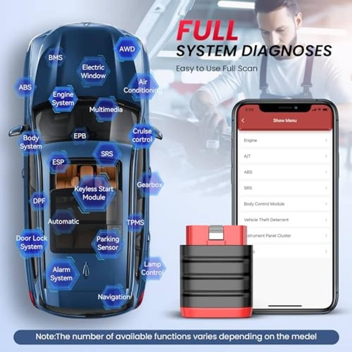 Thinkdiag Mini OBD2 scanner showing full-system diagnostics on smartphone screen