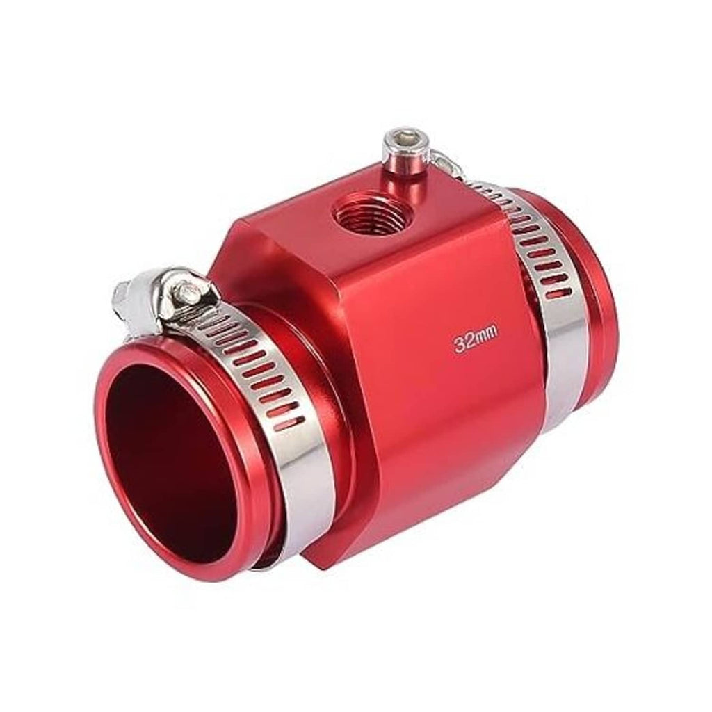 Red 32mm aluminum coolant temperature sensor hose adapter with threaded port and bolt