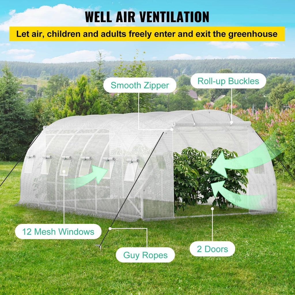 Ventilated tunnel greenhouse with mesh window panels, zippered doors on white cover
