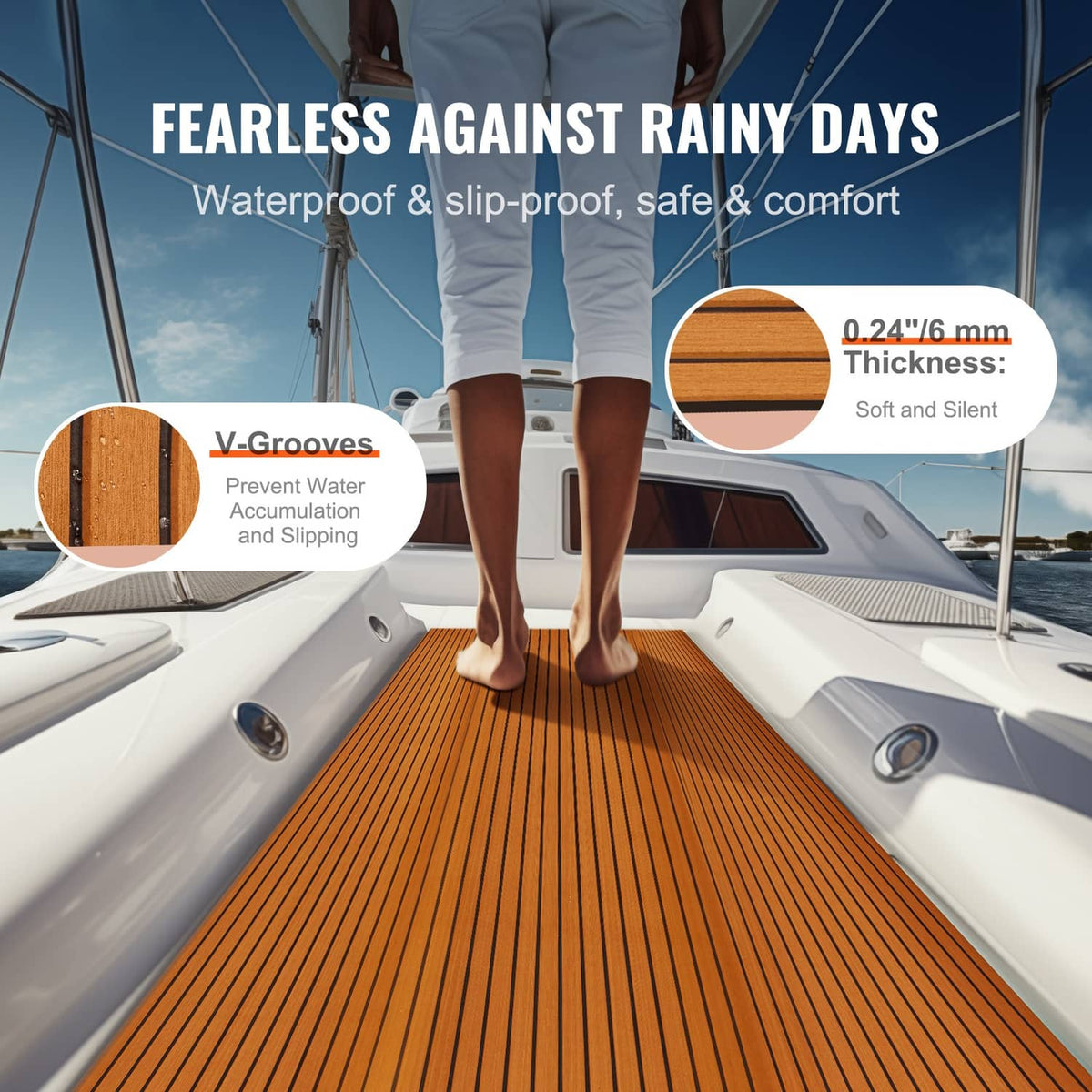Faux teak EVA foam deck mat on boat deck walkway, orange-brown plank texture