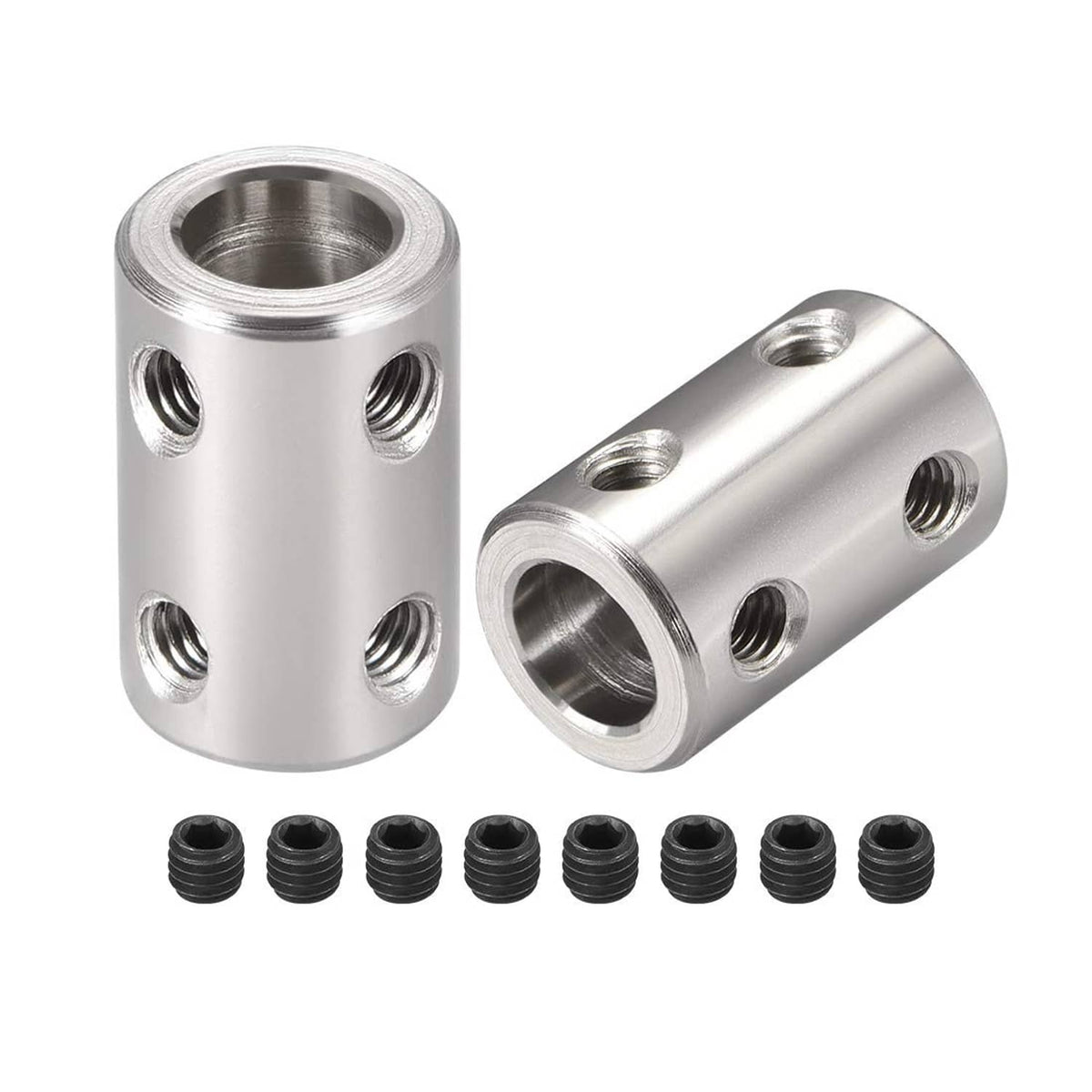 Silver metal rigid coupling with set-screw holes, two cylinders and black set screws