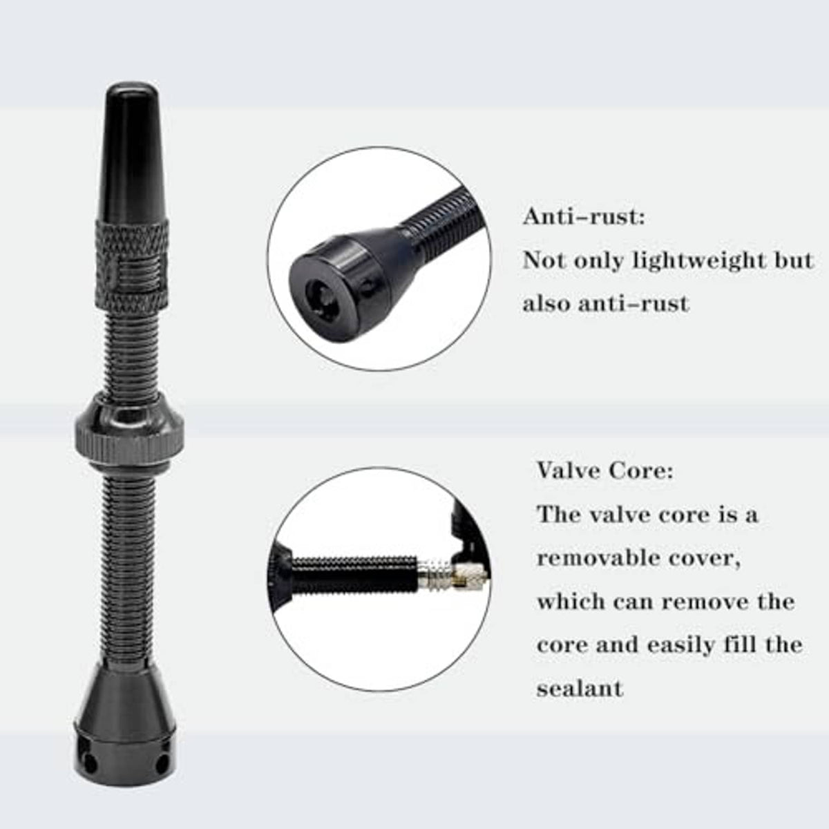 Black tubeless valve stem with close-up detail of the core-removal cover