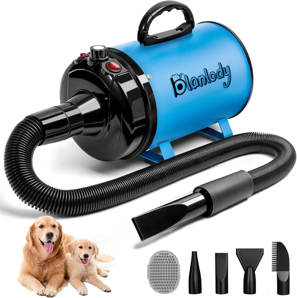 Blue-and-black professional dog hair dryer with hose, nozzle, and grooming attachments