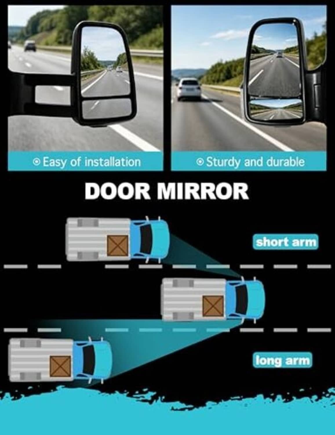 Left door mirror with black housing and clear lens, close-up inset views