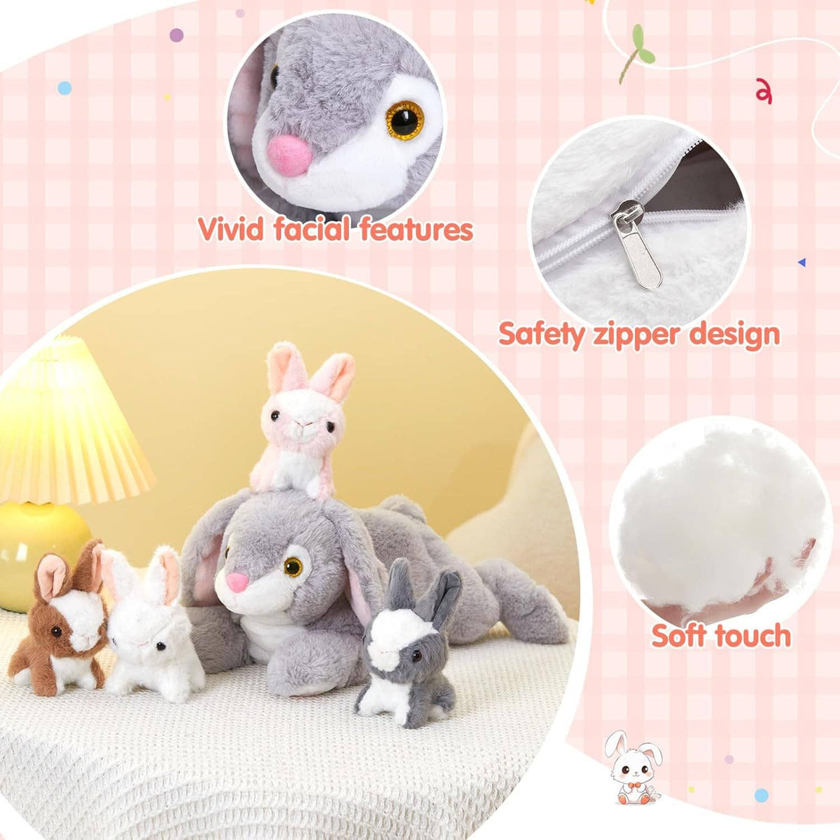 Gray bunny plush set with zipper detail and soft touch texture