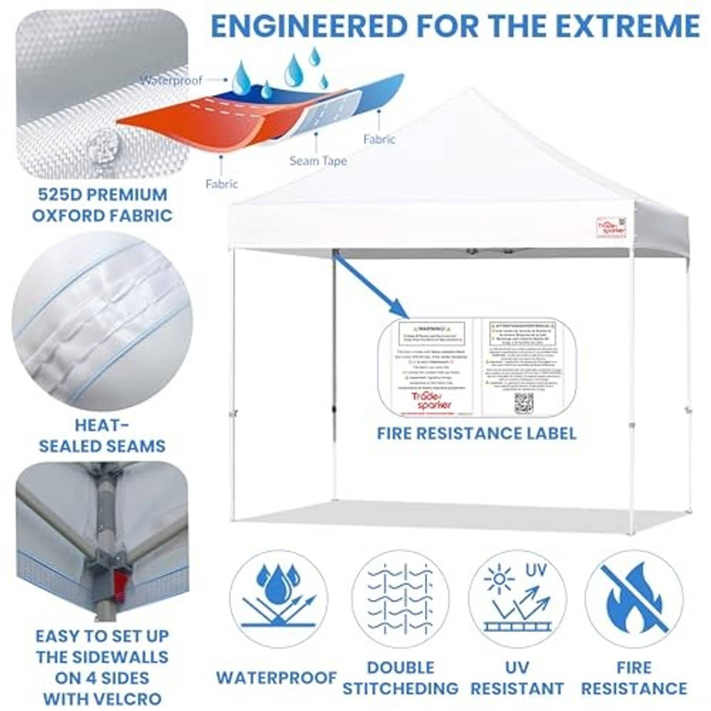 White canopy replacement top showing fabric layers and fire resistance label