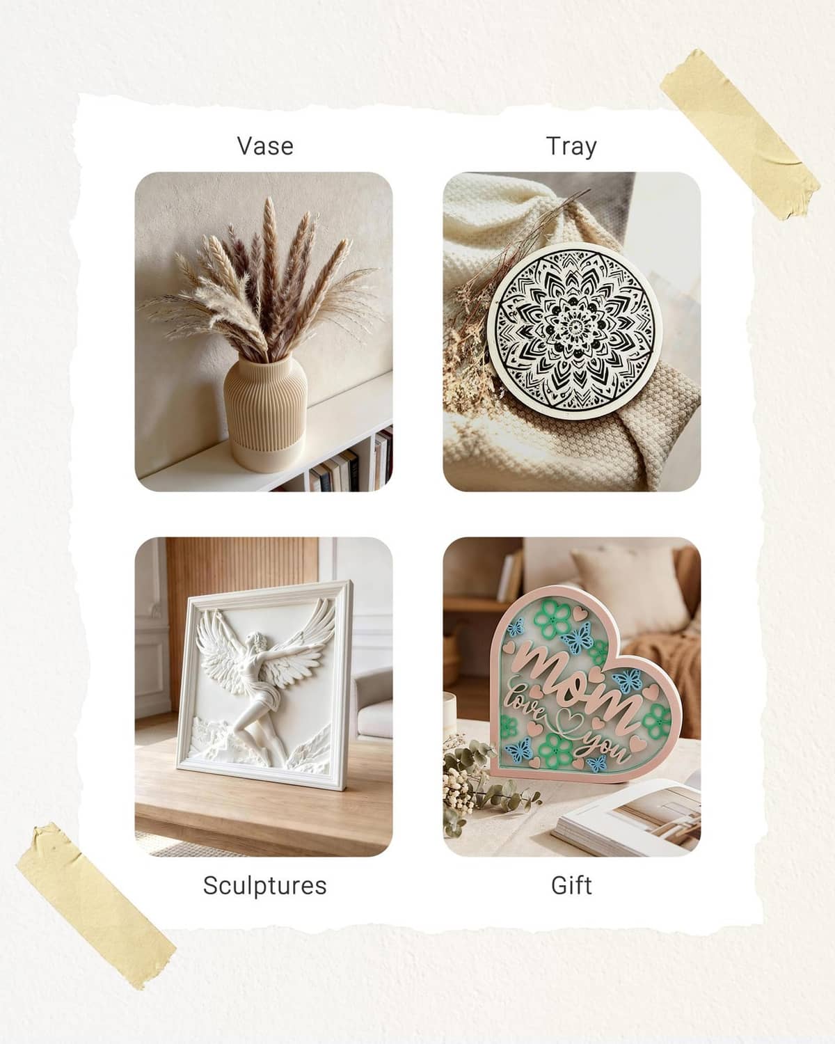 Set of 3D printed PLA items: vase, tray, sculptures, and decorative gift
