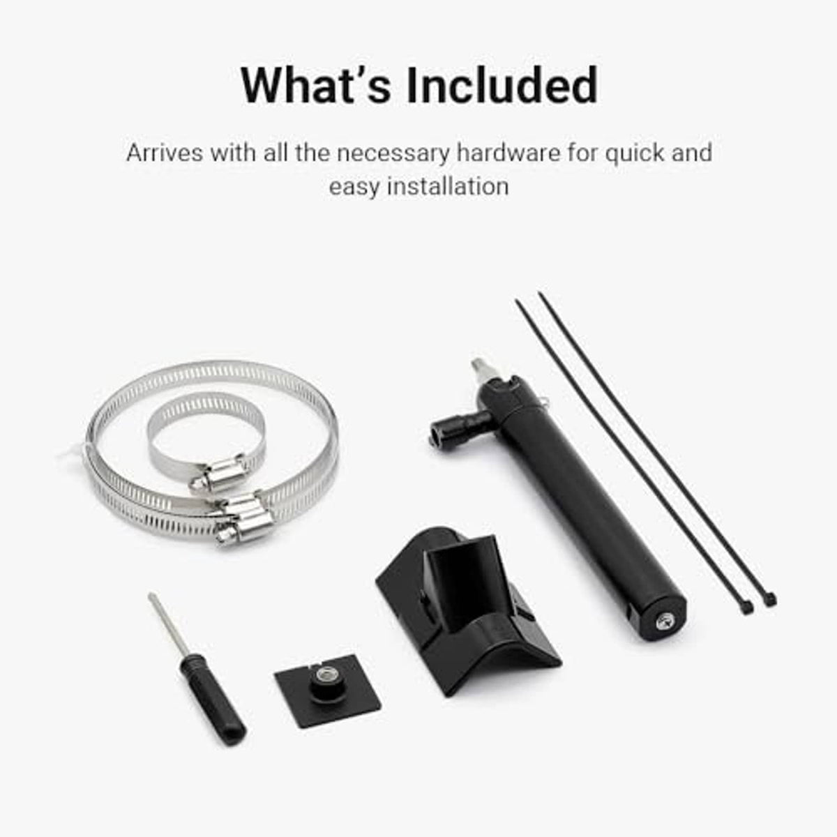 Solar panel mounting kit with hardware, strap rings, and pole mount bracket pieces