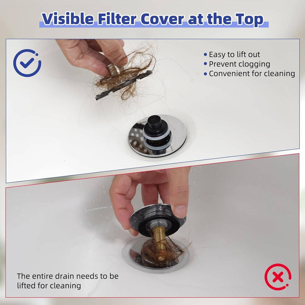 Stainless drain stopper hair catcher showing removable filter top and basket insert