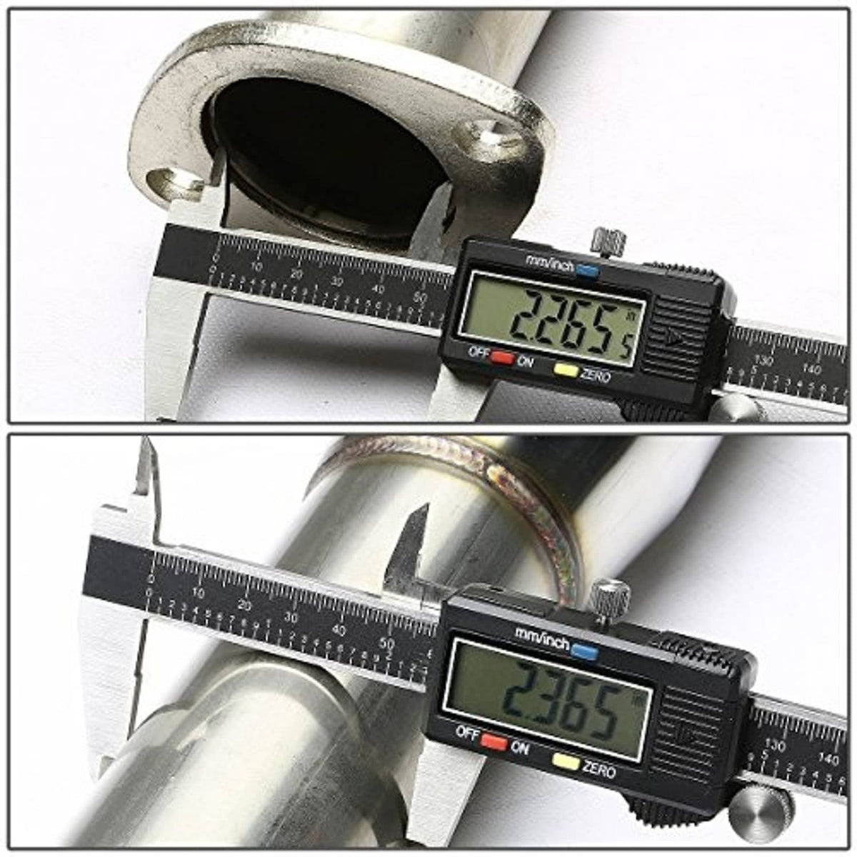 Stainless exhaust outlet measurement close-up with digital caliper display