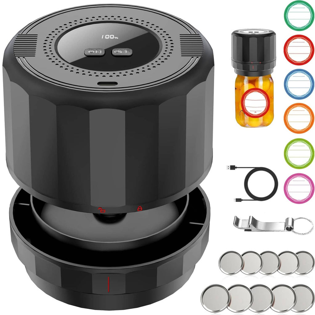 Black electric mason jar vacuum sealer unit with base and control buttons