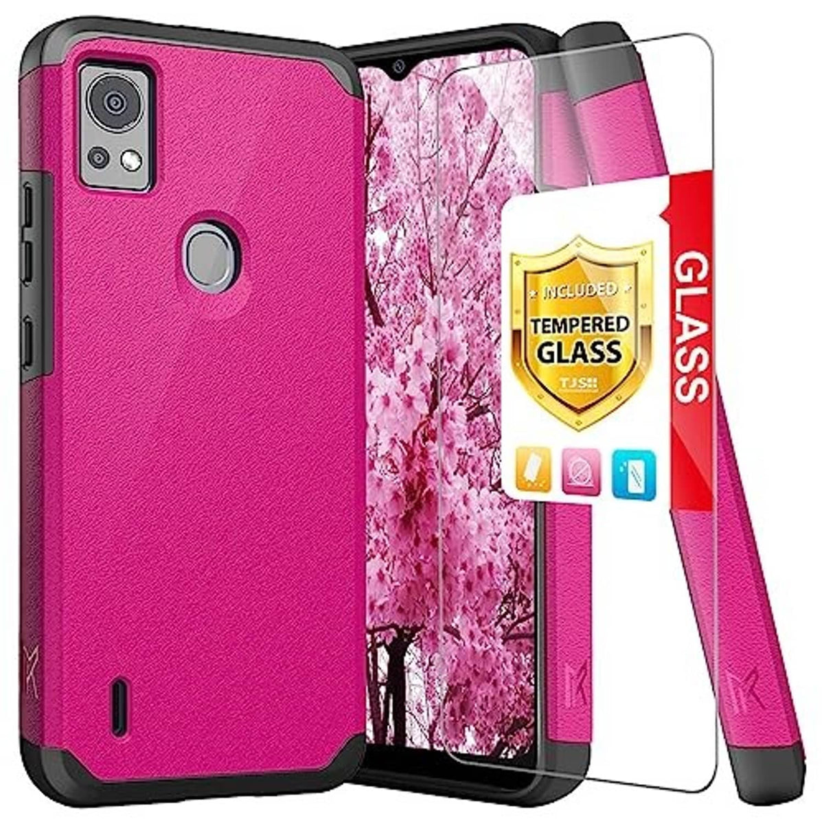 Pink rugged case with tempered glass screen protector and camera cutout