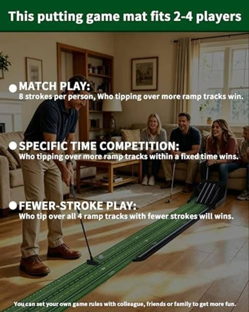 Green putting game mat for multiple players with ramp track section and balls