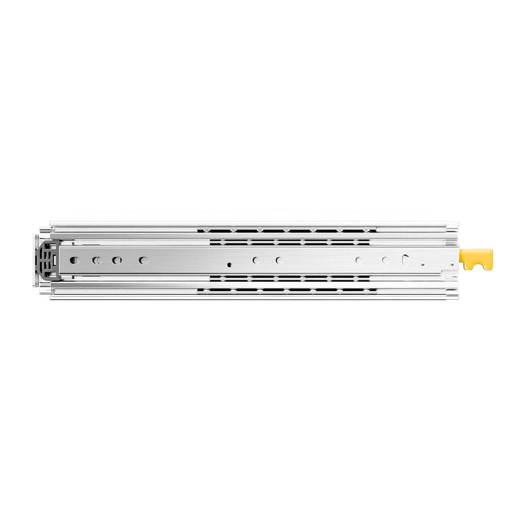 Drawer slide rail with ball-bearing carriage and yellow soft-close latch, silver steel