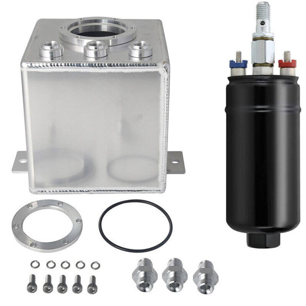Fuel surge tank kit with aluminum tank, gasket, fittings, and external fuel pump.