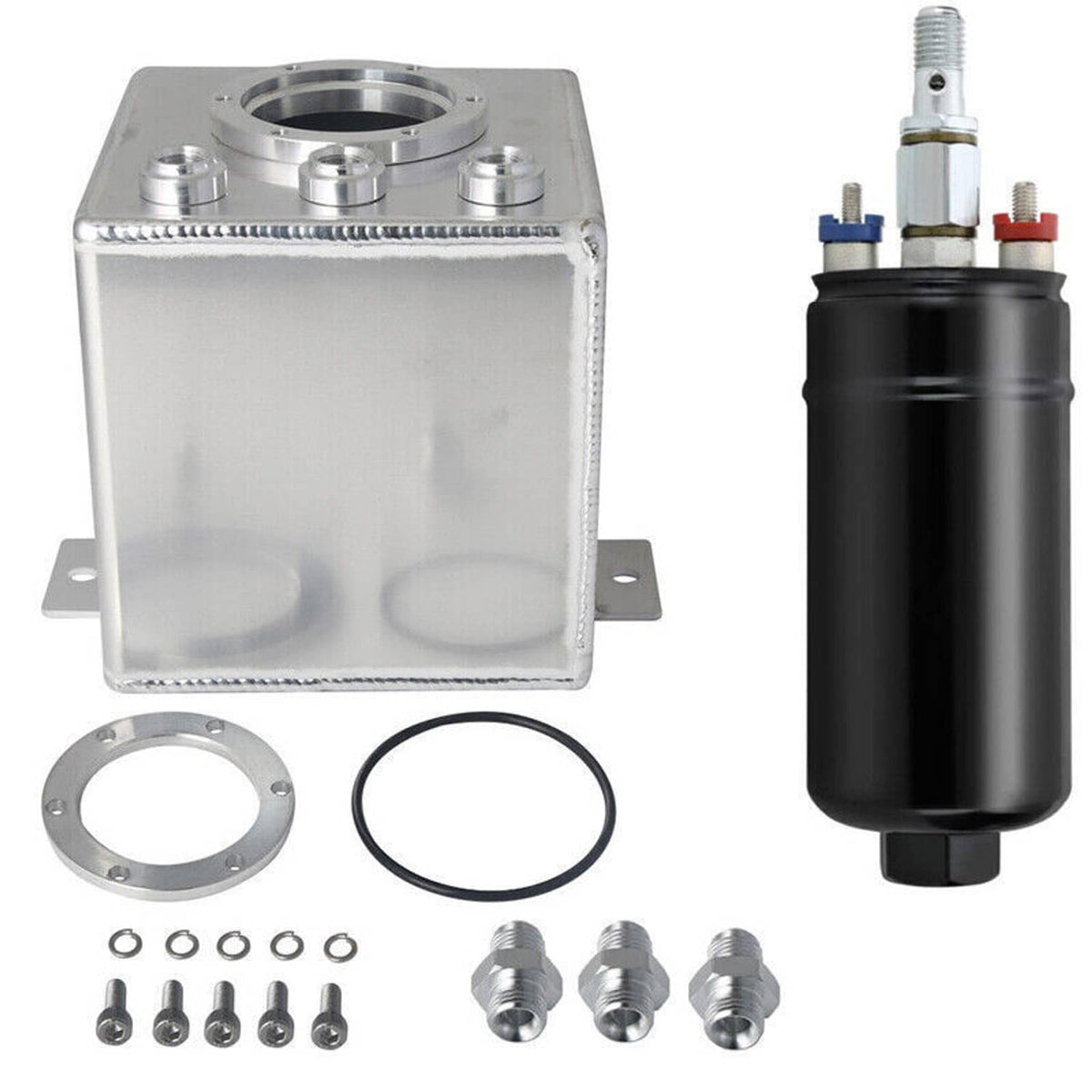 Fuel surge tank kit with aluminum tank, gasket, fittings, and external fuel pump.