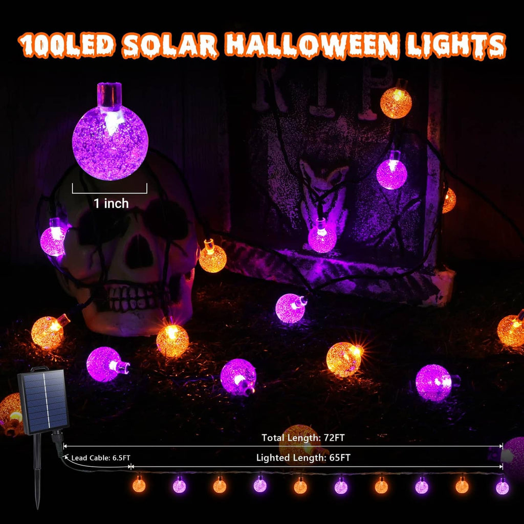 65 ft Halloween solar string lights with orange and purple globe bulbs, 100 LED.