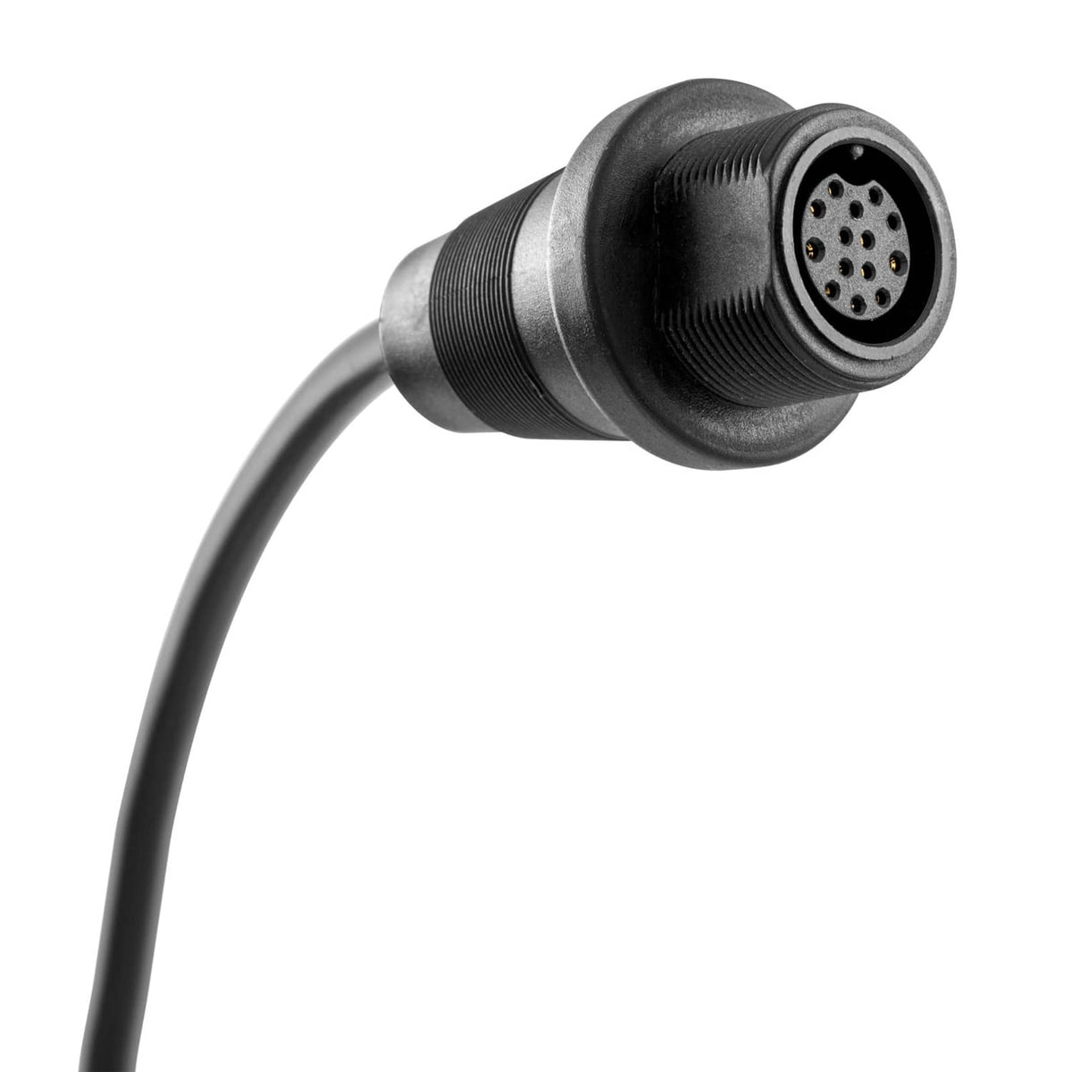 Black circular multi-pin connector end with metal housing.