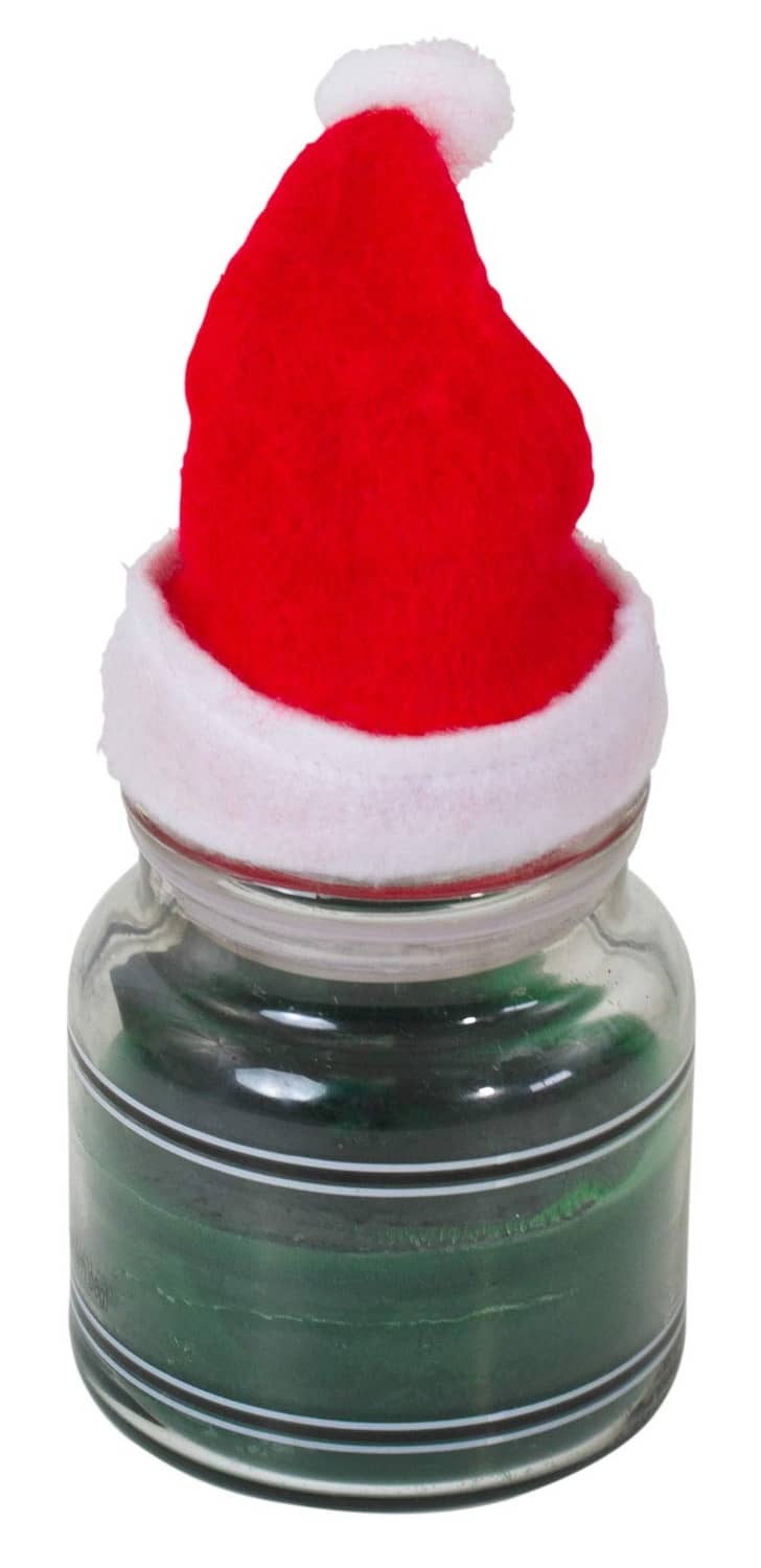 Red felt mini Santa hat with white cuff on top of a green bottle