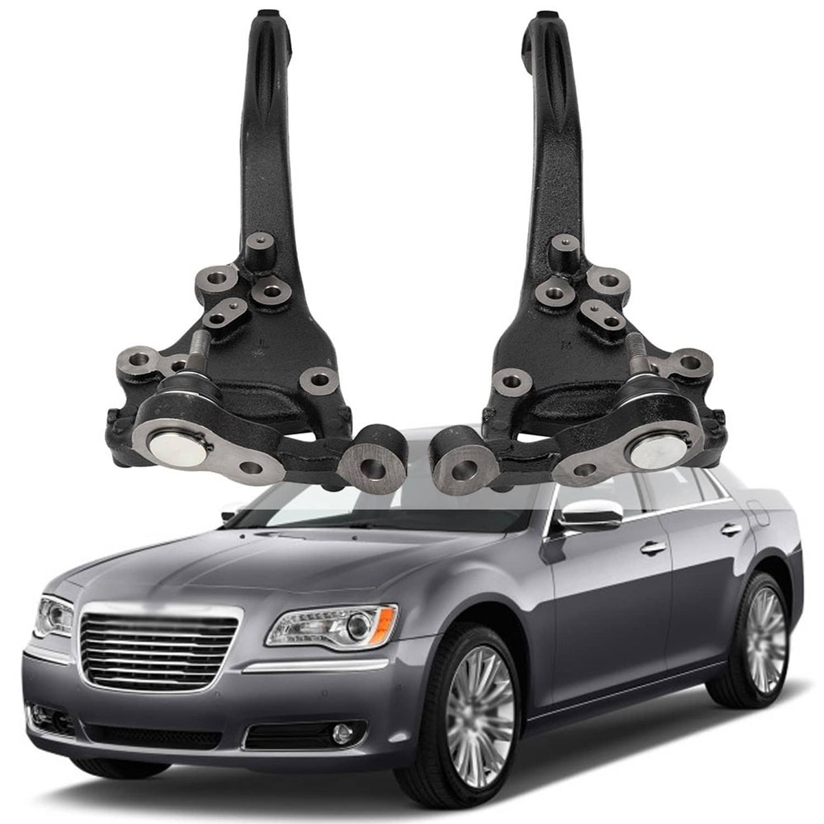 Pair of front steering knuckles with black arms and round hub openings