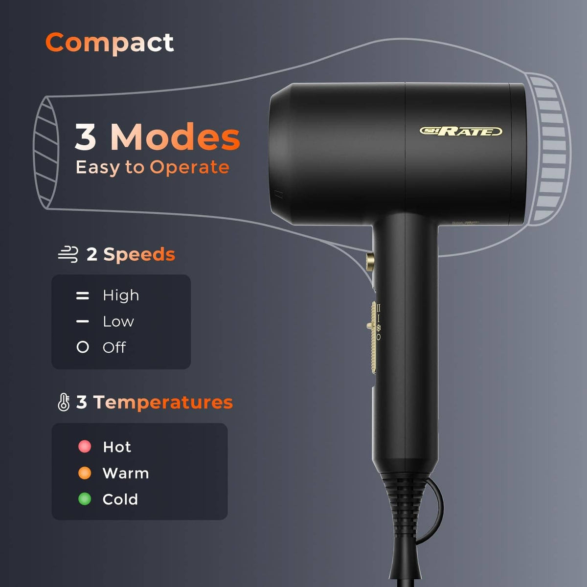 Compact black SHRATE hair dryer with corded handle and outlet grille