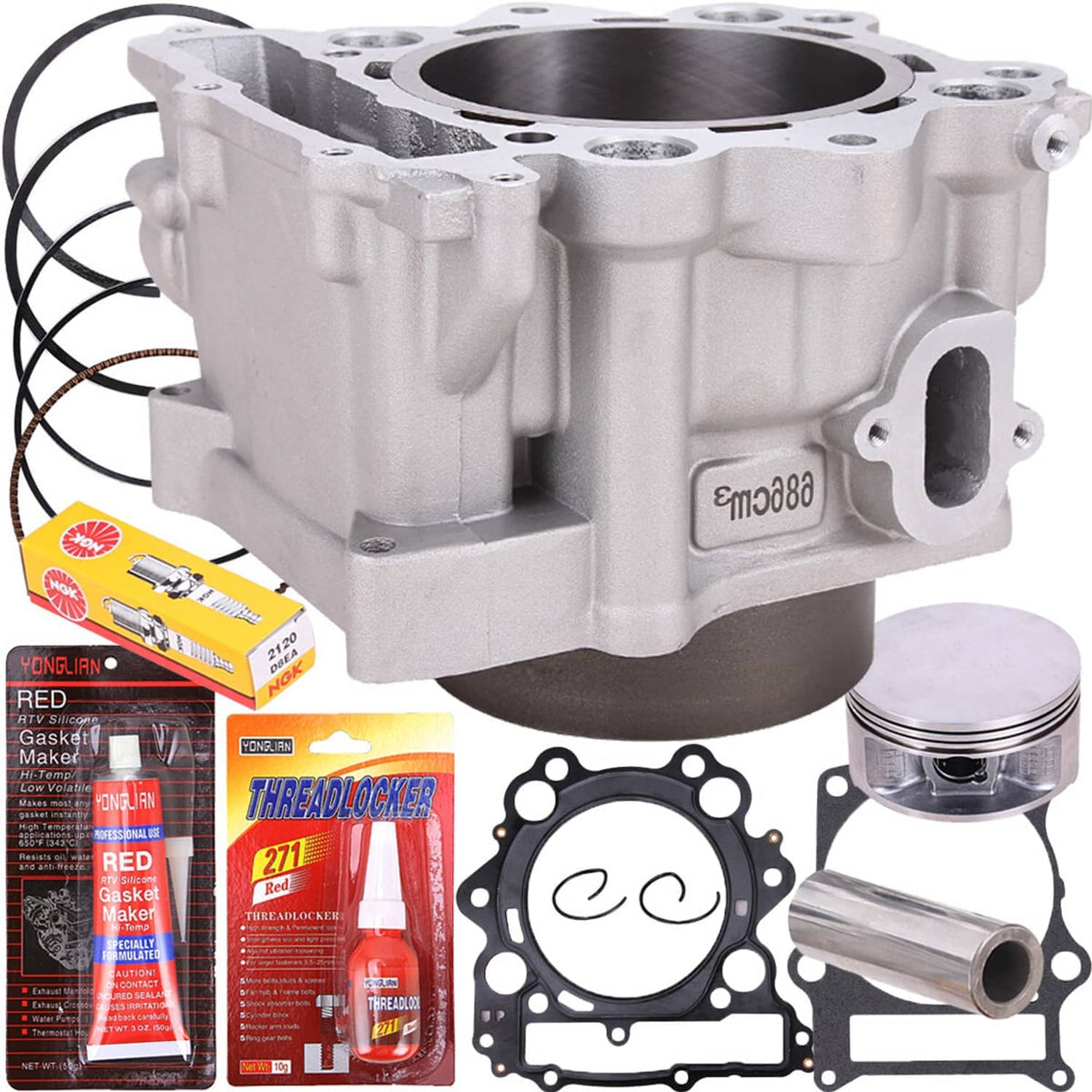 Engine cylinder block with piston and gasket set, plus included accessory packs