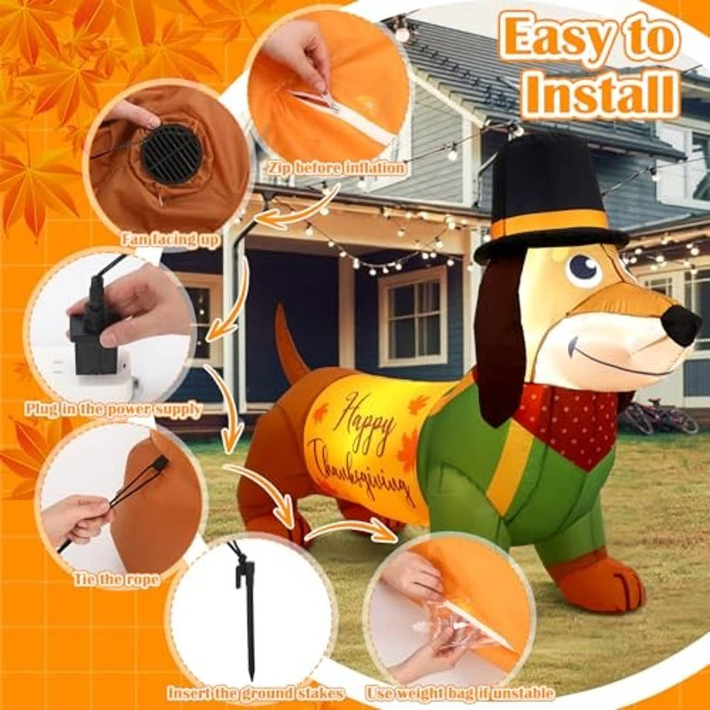 Inflatable dachshund Thanksgiving decoration, easy setup steps with stakes and weight bag