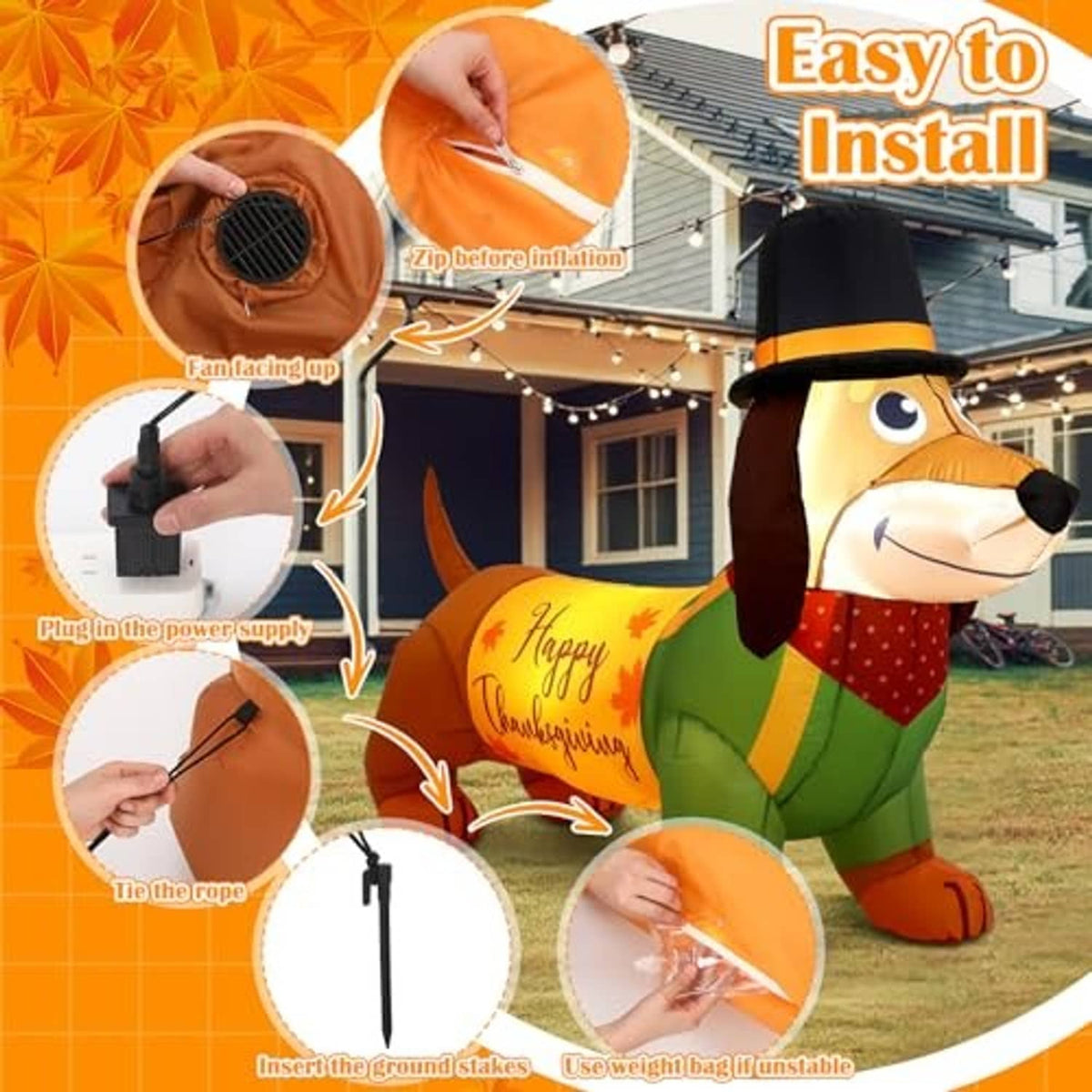 Inflatable dachshund Thanksgiving decoration, easy setup steps with stakes and weight bag