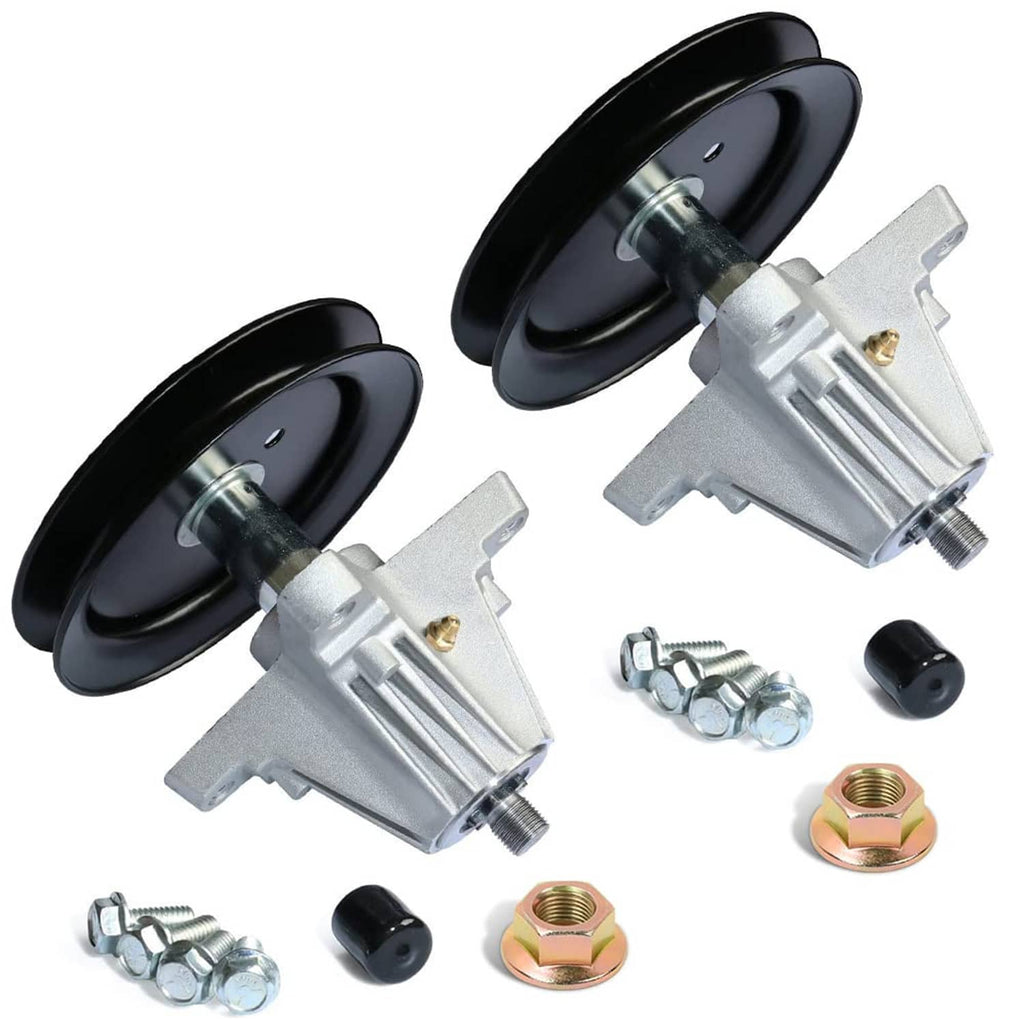 42-inch deck spindle assembly with two black pulleys, metal brackets, bolts and nuts