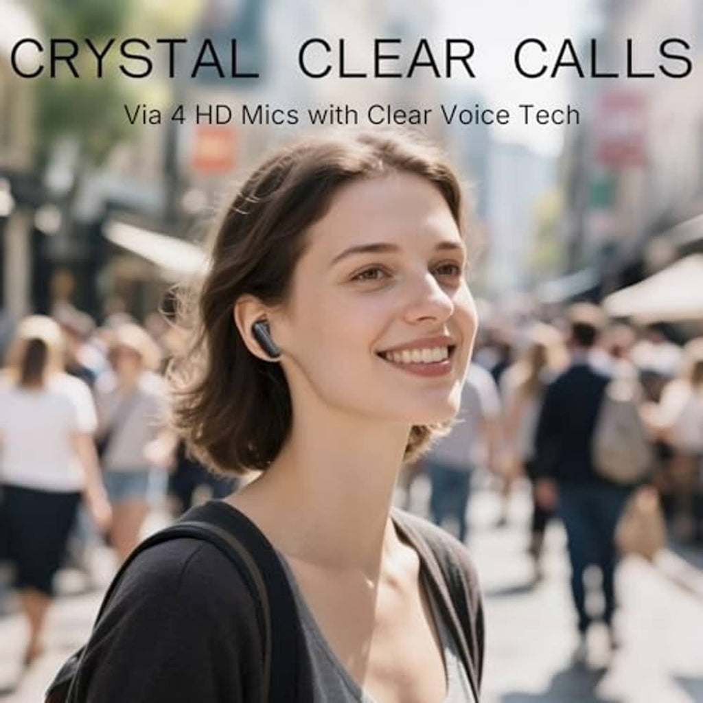 Woman wearing dark wireless earbuds in one ear