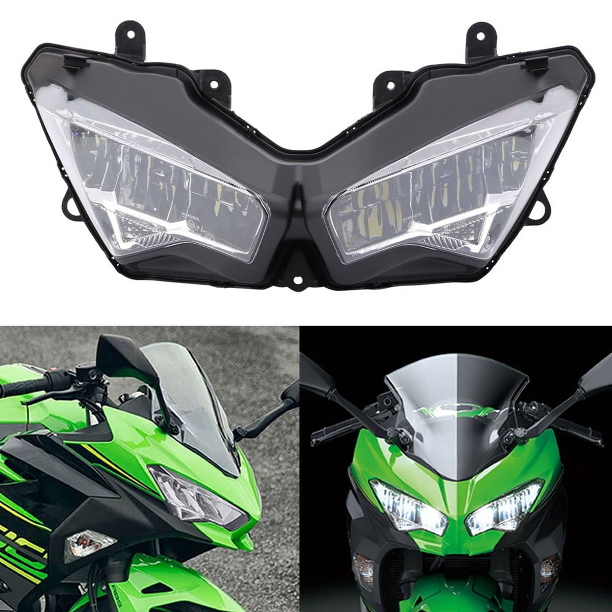 Motorcycle dual headlight assembly with clear lenses and black mounting brackets