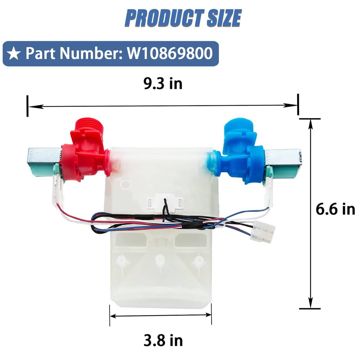 Washer water inlet valve with red and blue connectors and white mounting housing
