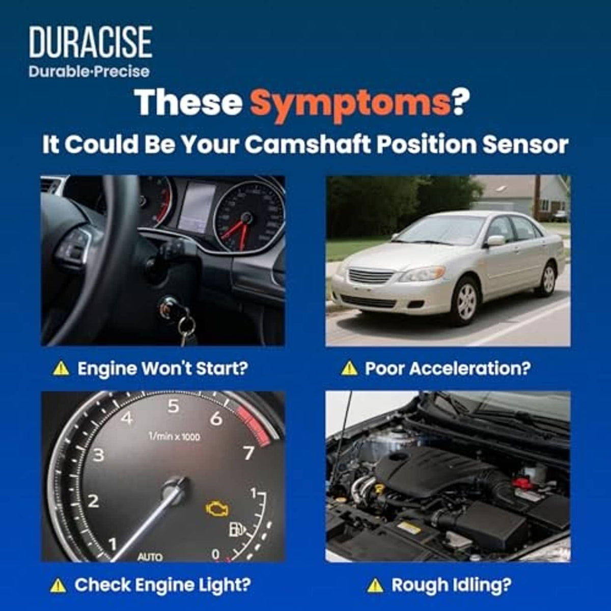 Camshaft position sensor for diagnosing engine symptoms, shown with vehicle and gauge photos