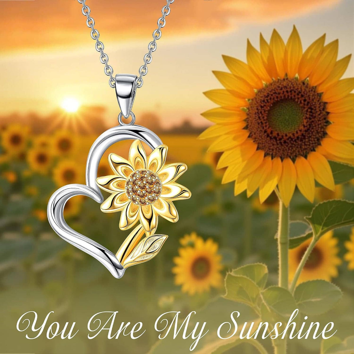 Sunflower heart pendant necklace in silver with gold-plated petals, hanging from a fine chain.