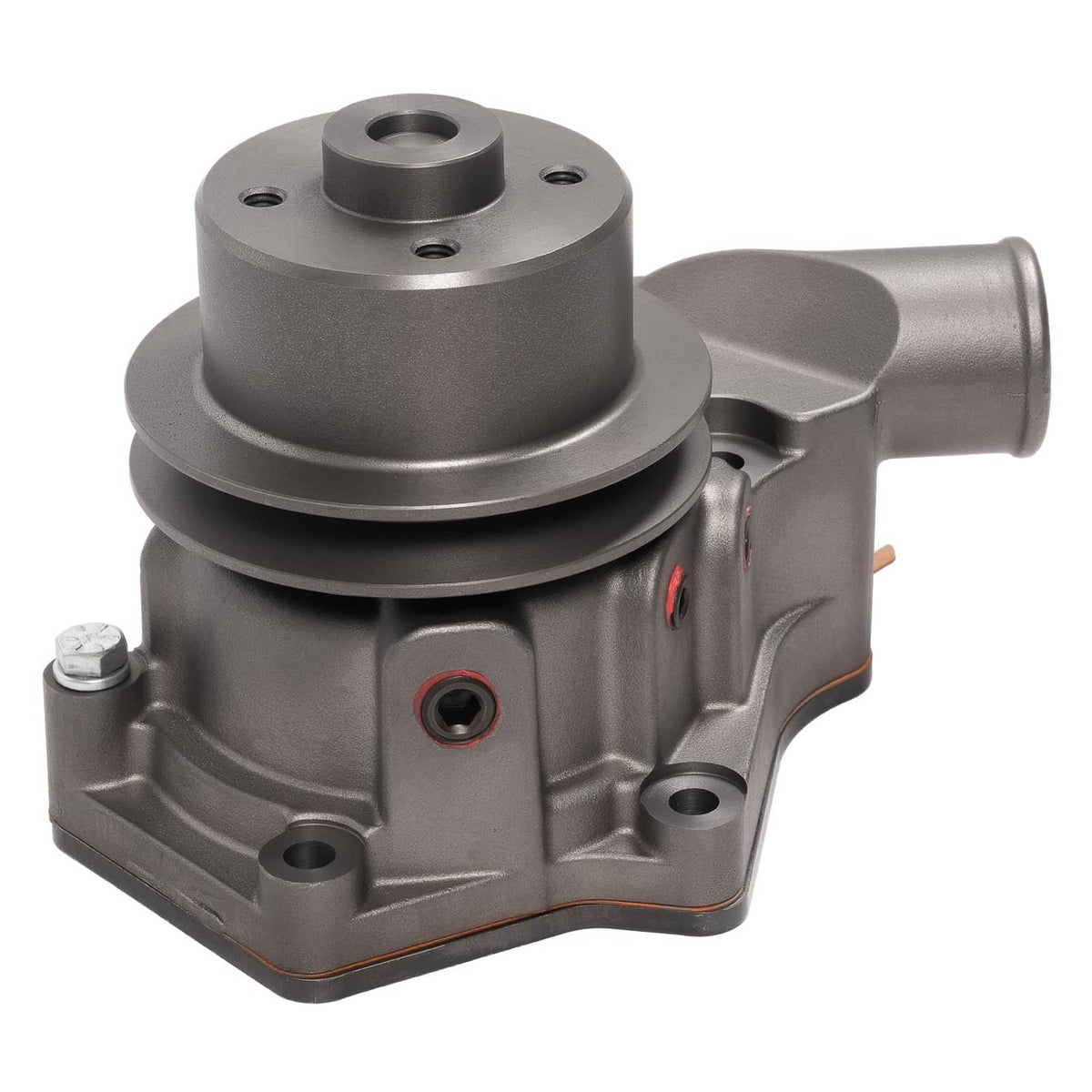 Water pump with pulley and right-side outlet, gray metal body and mounting points