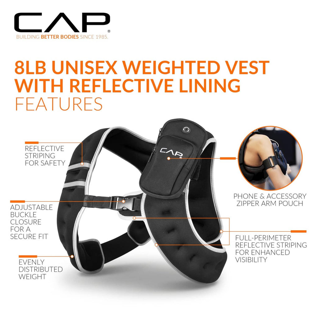 Black unisex weighted vest with reflective lining and included zip arm accessory pouch
