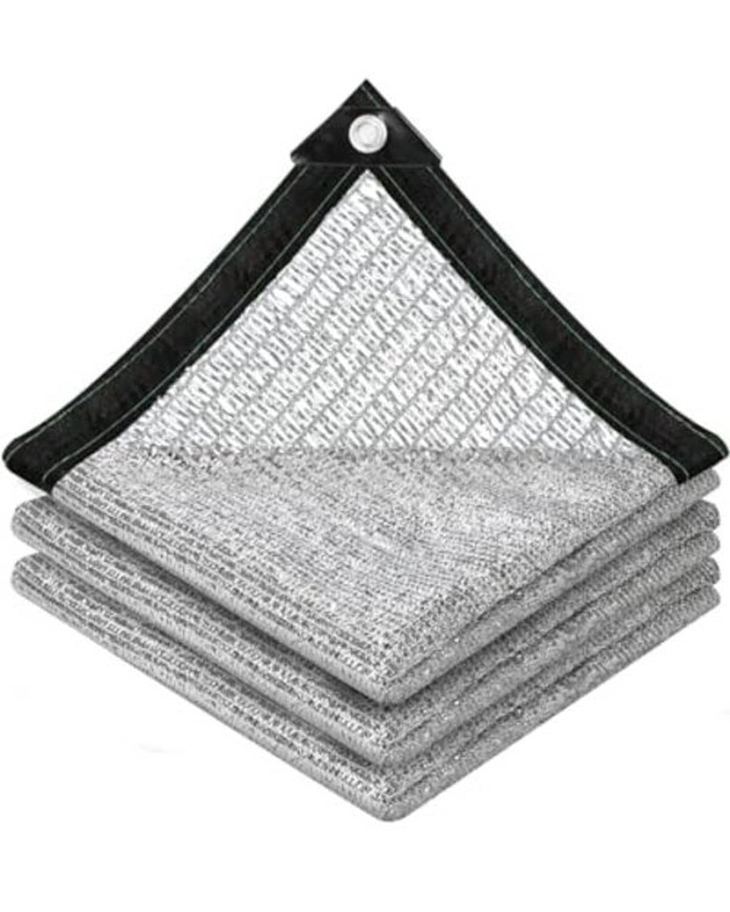 Reflective shade cloth roll stack, silver woven mesh with black corner reinforcement and grommets