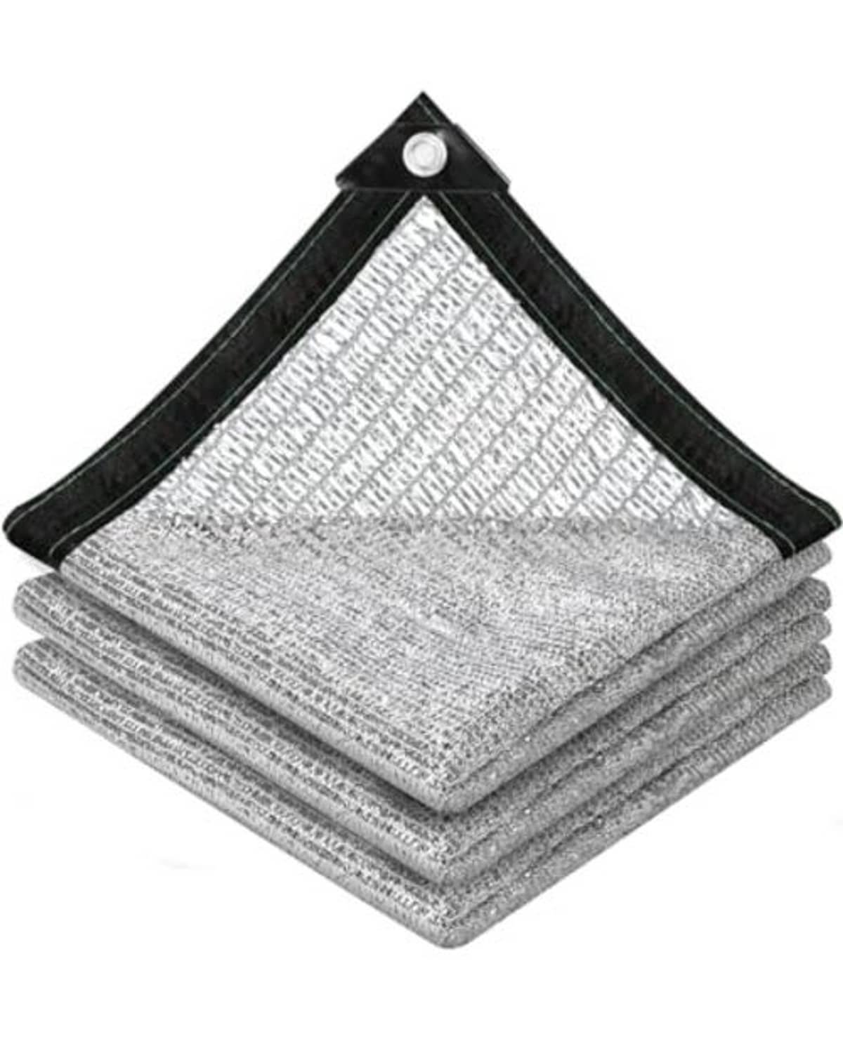 Reflective shade cloth roll stack, silver woven mesh with black corner reinforcement and grommets