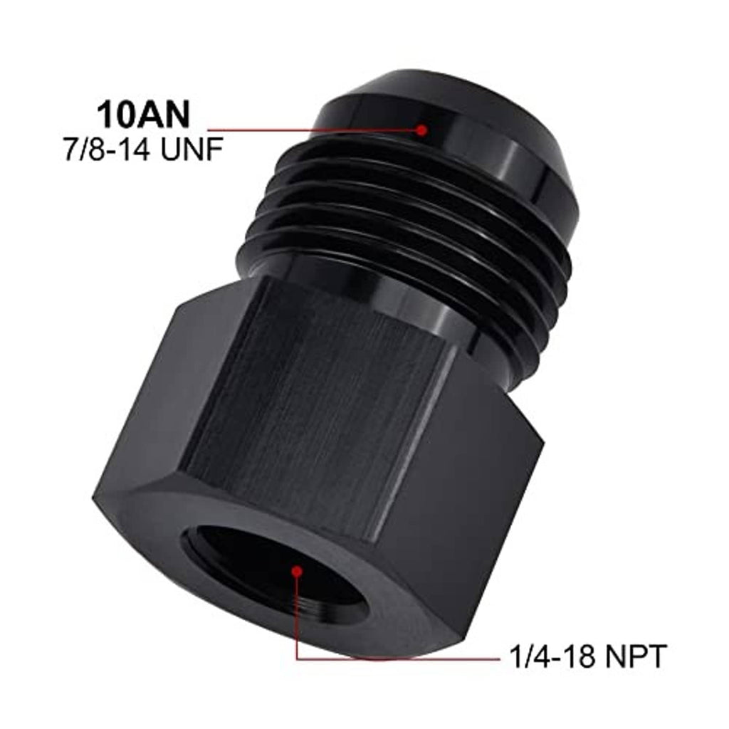 Black 10AN to 1/4-18 NPT aluminum adapter showing side profile of fittings