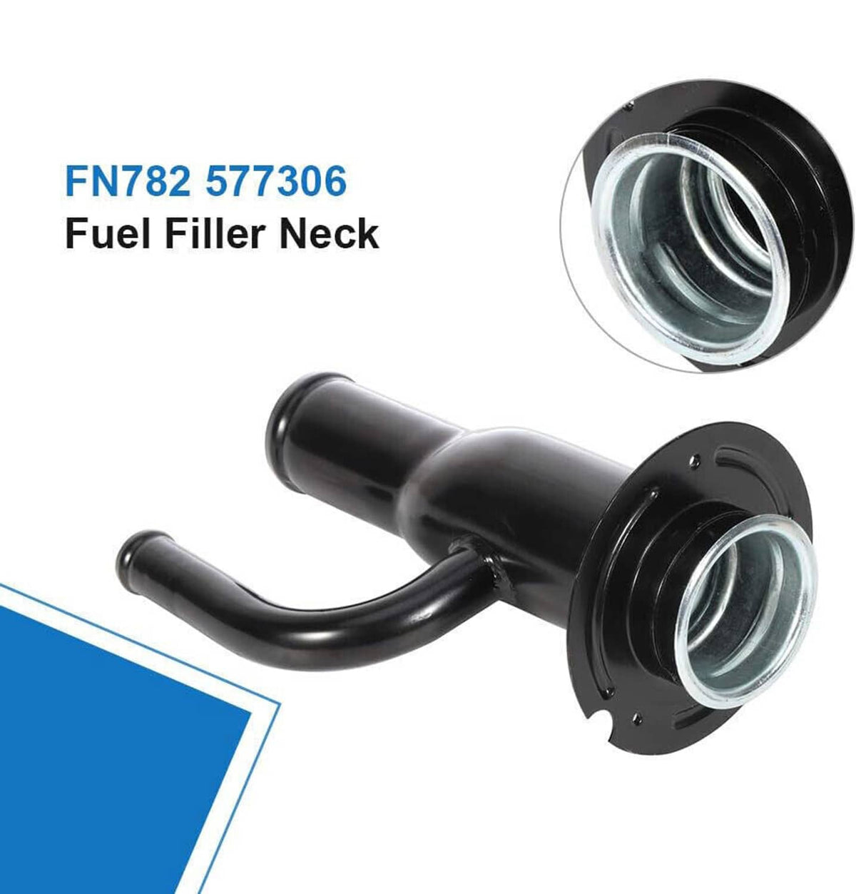 Fuel tank filler neck pipe with round flange and silver fuel inlet opening