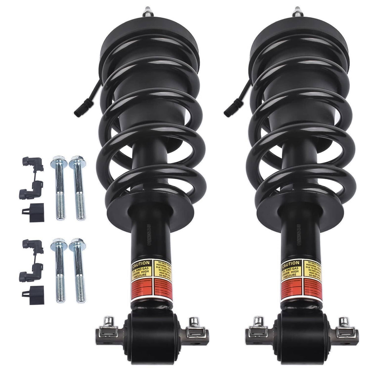 Two front shock struts with black coil springs and upper mounting brackets