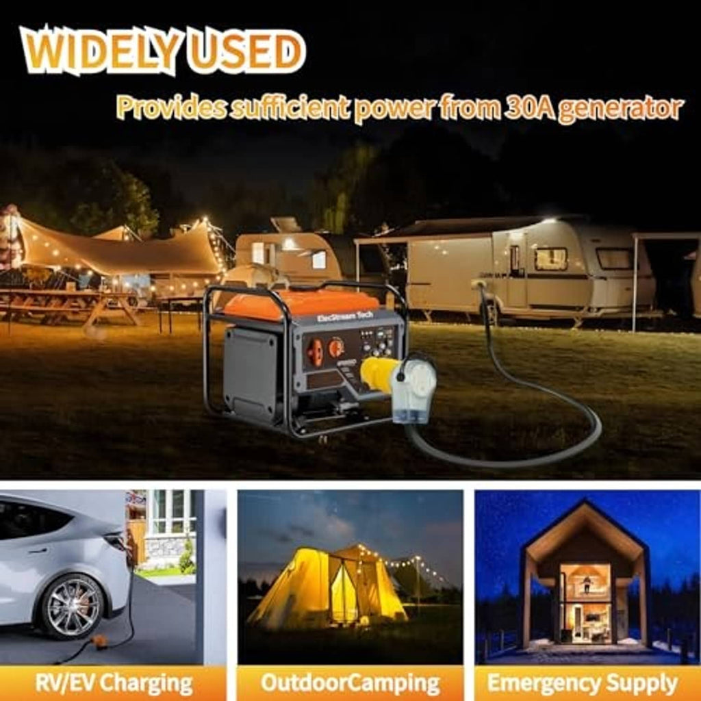 Yellow generator adapter connected for outdoor RV power at night