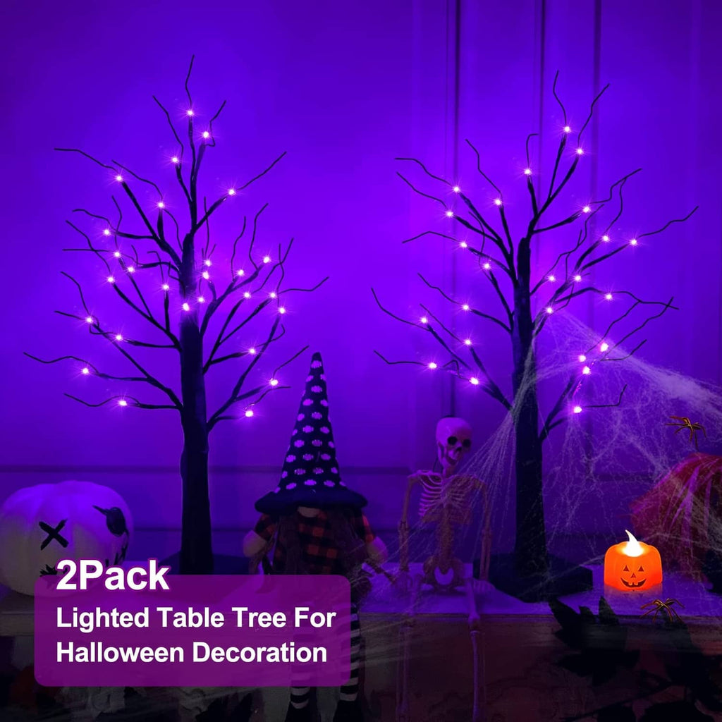 2-pack lighted Halloween table birch trees with glowing purple LED bulbs on dark branches