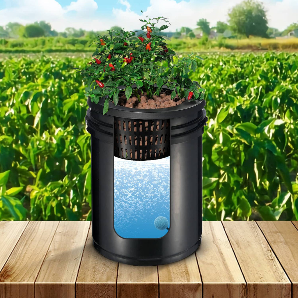Black DWC planting bucket with net basket and blue-tinted water reservoir