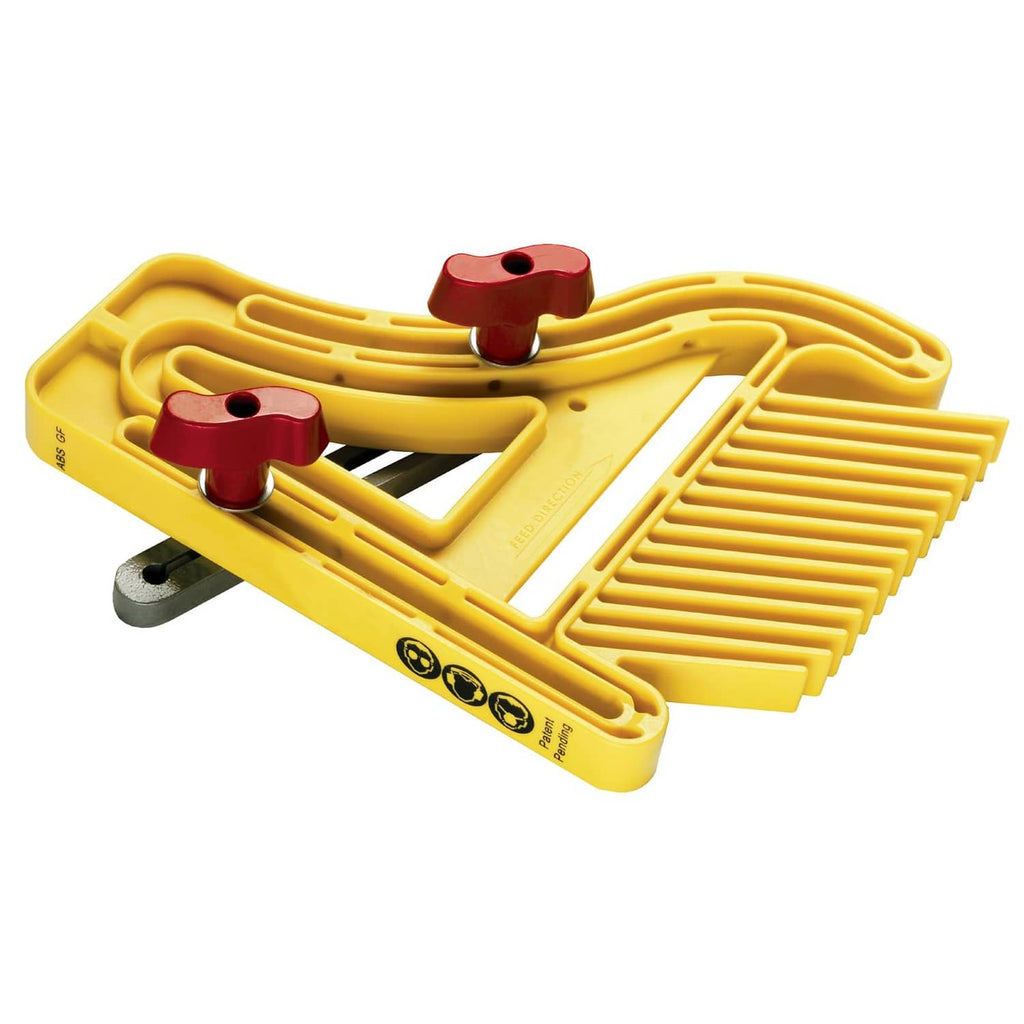 Milescraft featherboard, yellow body with red clamps and slotted fence for table routing