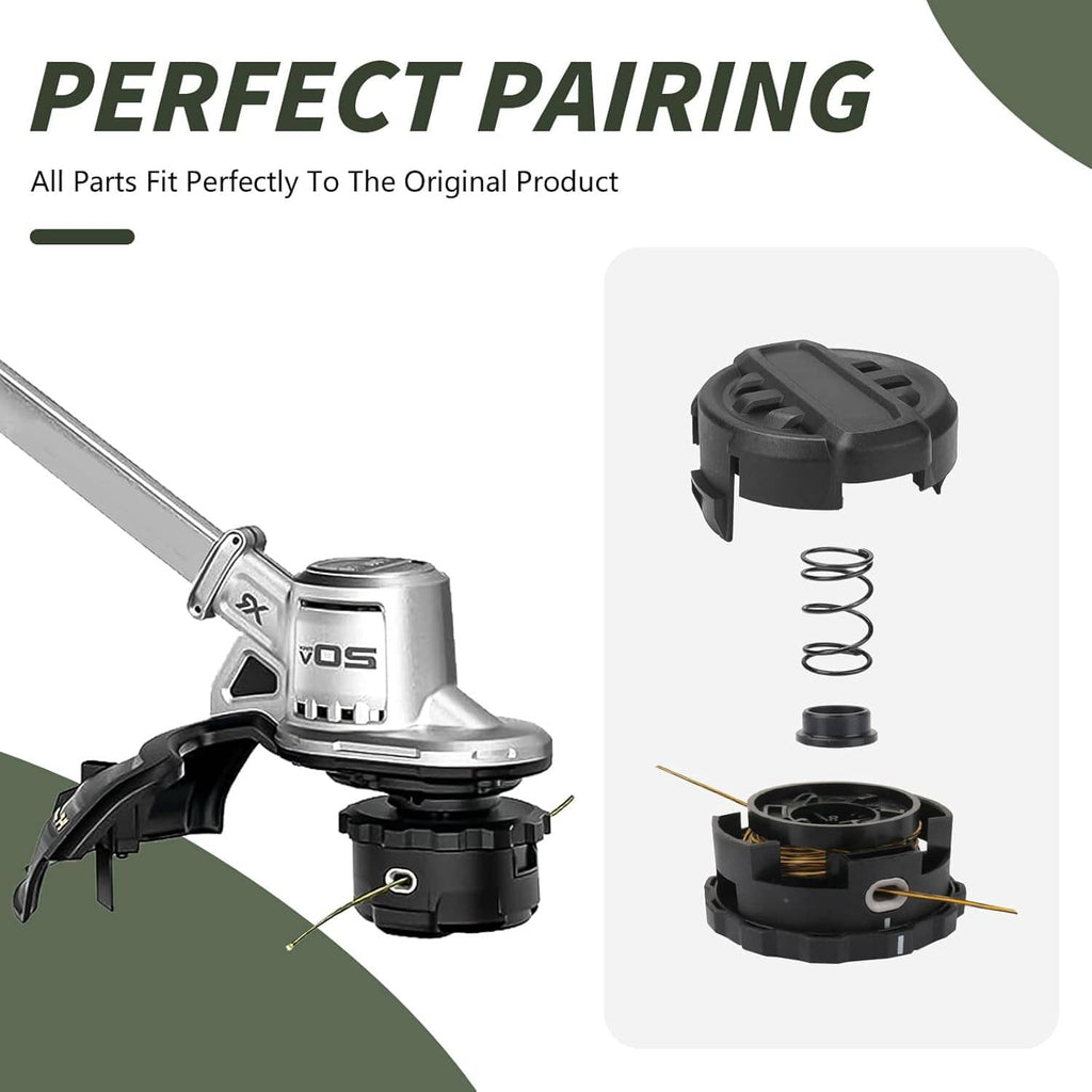 Weed trimmer head cap replacement set with black cap housing and coil spring